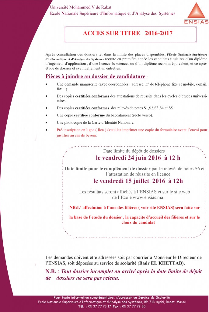 annonce sur titre ENSIAS licence